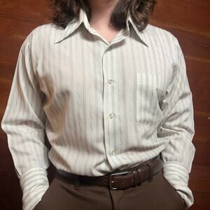 VINTAGE 70s Dagger Collar Button Up Dress Shirt Size XL Cufflinks Striped Print